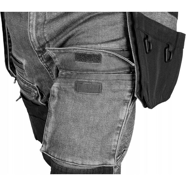 Spodnie robocze DENIM, wzmocnienia Cordura, odpinane kieszenie kaburowe, szare, rozmiar XL