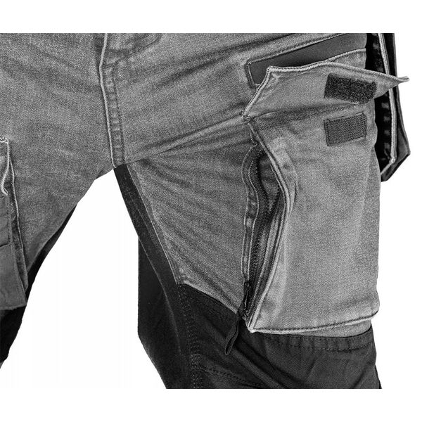 Spodnie robocze DENIM, wzmocnienia Cordura, odpinane kieszenie kaburowe, szare, rozmiar S