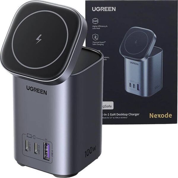 Ładowarka Ugreen Ładowarka / stacja ładowania GaN 2w1 UGREEN CD342, Qi, 2xUSB-C, 1x USB-A, 100W (szara)