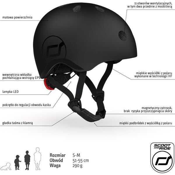 Kask dla dzieci 3+ rozm. S-M, kolor: Black (czarny), Scoot and Ride