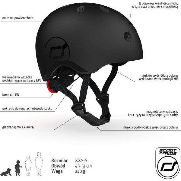 Kask dla dzieci 1-5 lat rozm. XXS-S, kolor: Black (czarny), Scoot and Ride