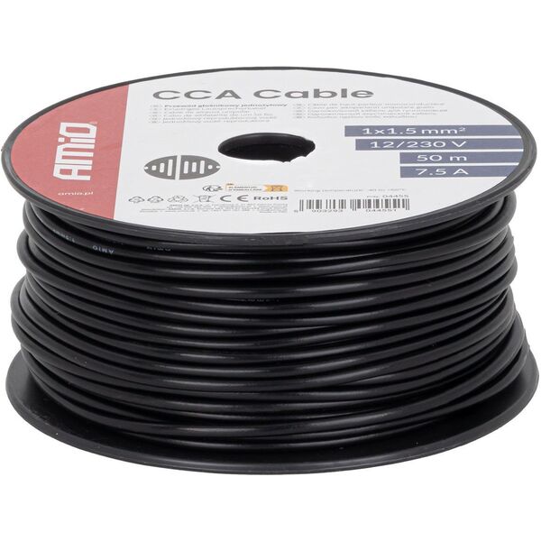 Przewód jednożyłowy czarny cca 1x1.5mm2 50m 7.5a 12/230v amio-04455