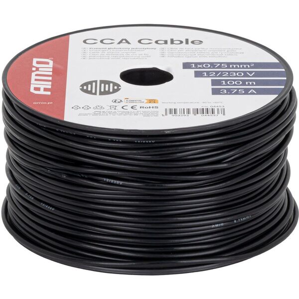 Przewód jednożyłowy czarny cable cca 1x0.75mm2 100m 3.75a 12/230v amio-04453