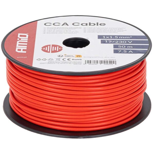 Przewód jednożyłowy czerwony cca 1x1.5mm2 50m 7.5a 12/230v amio-04452