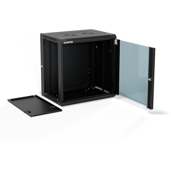 Szafa wisząca 19" 12U 600x450, drzwi szklane jednoskrzydłowe, tył osłona pełna demontowalna, osłony boczne pełne demontowalne zamykane na klucz, 4 belki, kolor czarny, ALANTEC