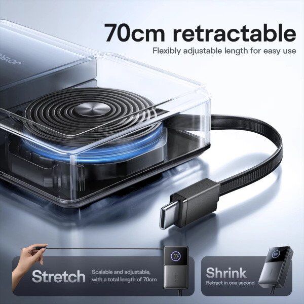 Powerbank Joyroom JR-PR1 10000mAh 22,5W z wbudowanym zwijanym kablem USB-C - czarny