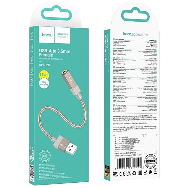 Adapter AUX USB A (męski) do Jack 3,5 mm (żeński) Hoco UPA32D złoty