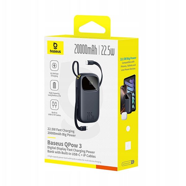 Powerbank Baseus EnerFill FC31 20000mAh 22.5W z wyświetlaczem cyfrowym i 2 wbudowanymi kablami (USB-C + Lightning) - czarny