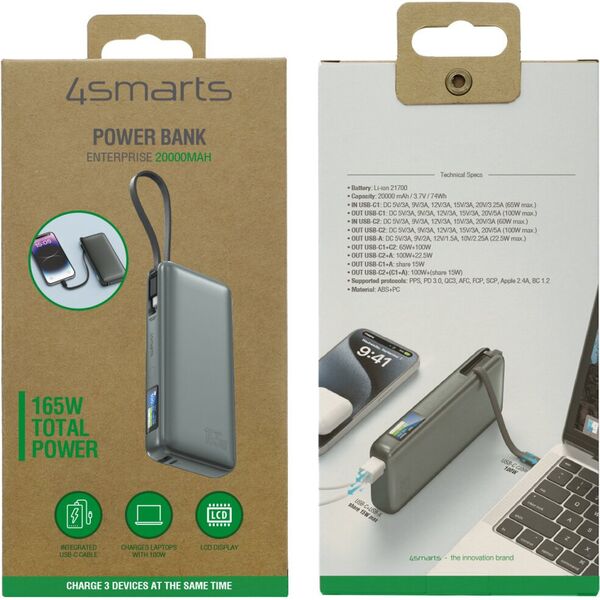 Powerbank 4smarts Enterprise 20000mAh 165W ze zintegrowanym kablem USB-C szary