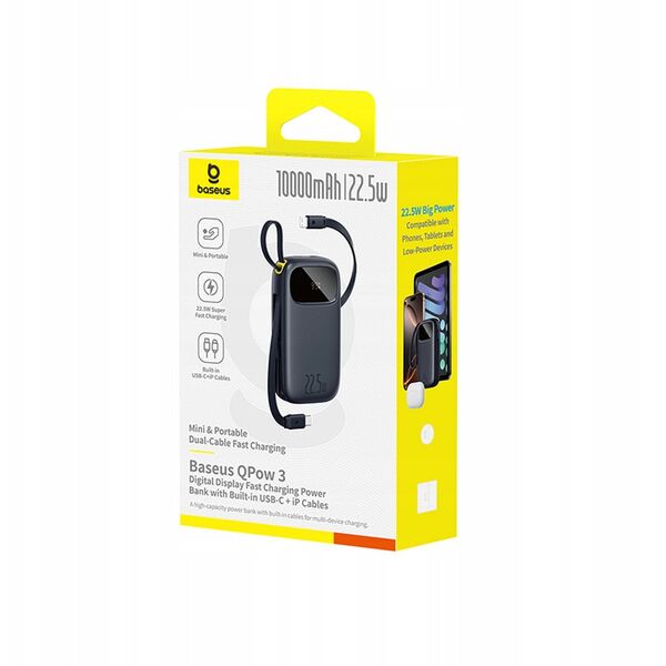 Powerbank Baseus EnerFill FC31 10000mAh 22.5W z wyświetlaczem cyfrowym i 2 wbudowanymi kablami (USB-C + Lightning) - czarny