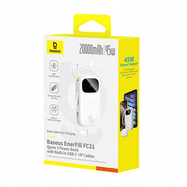 Powerbank Baseus EnerFill FC31 20000mAh 45W z wyświetlaczem cyfrowym i 2 wbudowanymi kablami (USB-C + Lightning) - biały