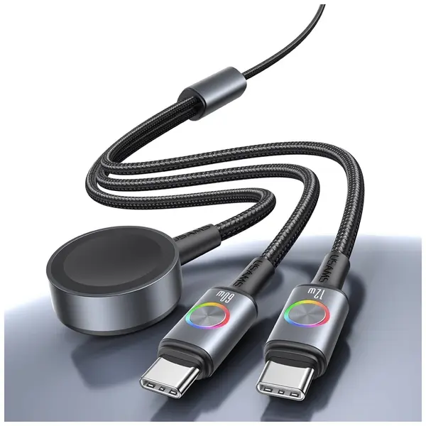 Kabel USAMS Huan Series SJ754 72W USB-C  do USB-C + USB-C + ładowarka bezprzewodowa do zegarka tarnish