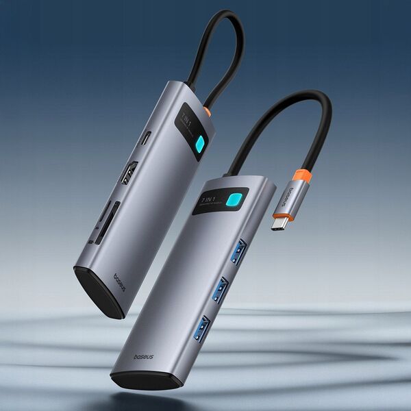 Hub USB-C Baseus Metal Gleam 7w1 HDMI 4K 60Hz / 3x USB 3.0 / USB-C PD / SD / microSD – szary