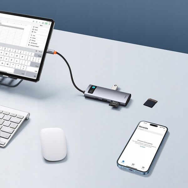 Hub USB-C Baseus Metal Gleam 7w1 HDMI 4K 60Hz / 3x USB 3.0 / USB-C PD / SD / microSD – szary