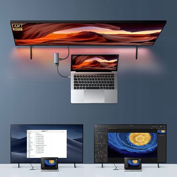 Hub USB-C Baseus Metal Gleam 7w1 HDMI 4K 60Hz / 3x USB 3.0 / USB-C PD / SD / microSD – szary