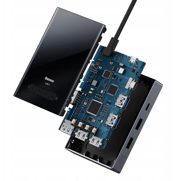 Hub USB-C 8w1 Baseus PioneerJoy HDMI 4K@60Hz + HDMI 4K@30Hz + DisplayPort 8K@30Hz + VGA + 2 x USB-A 3.0 + 2 x USB-C - szary