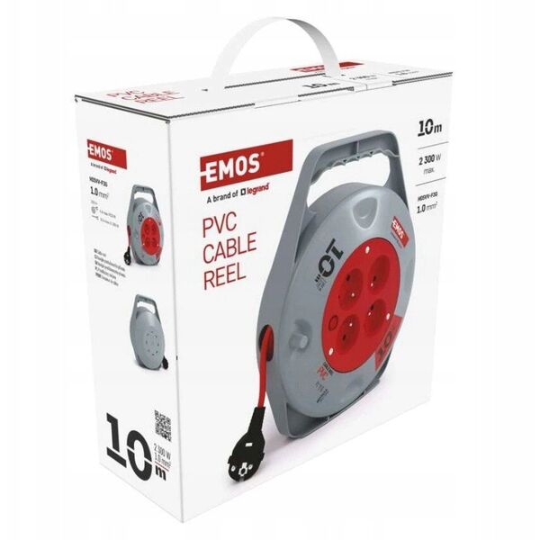 Przedłużacz bębnowy Emos P19410N 10m 4 gnizda PVC 230V 10A 1mm2 IP20 czerwony/czarny