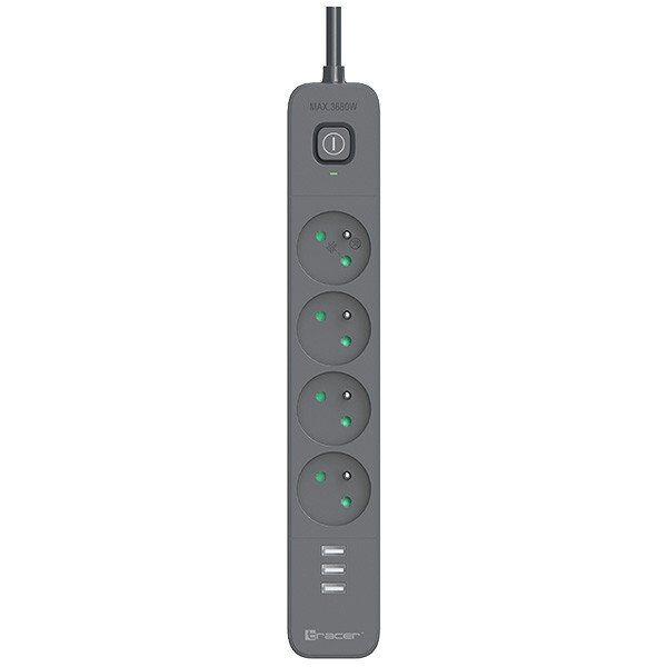 Listwa zasilająca antyprzepięciowa TRACER Power Line+ mobile ready 5 m (4 gniazda + 3x USB A, 5V 2,4A)