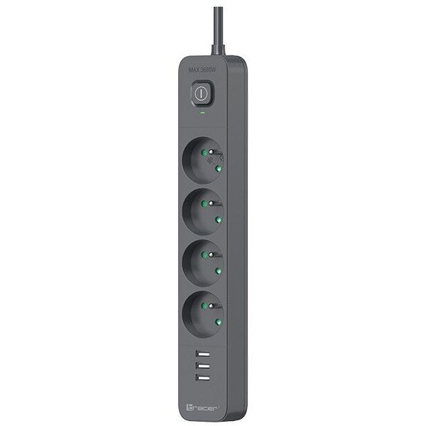 Listwa zasilająca antyprzepięciowa TRACER Power Line+ mobile ready 5 m (4 gniazda + 3x USB A, 5V 2,4A)