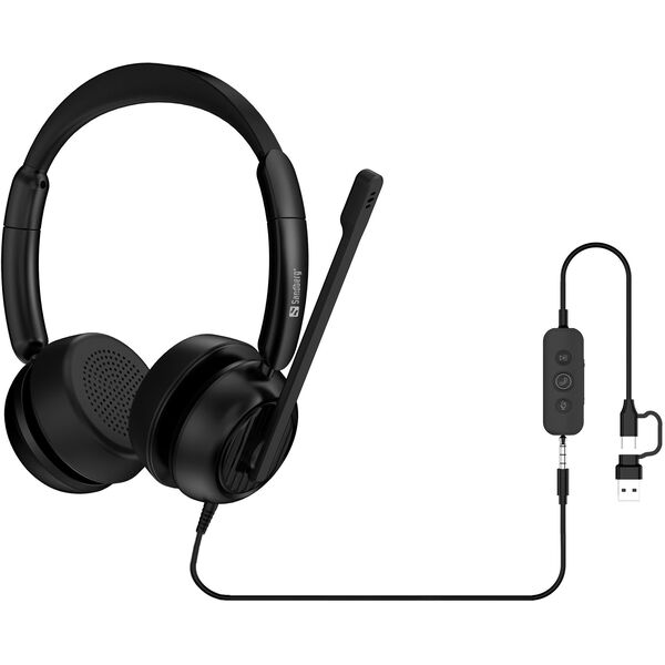Sandberg 126-54 słuchawki/zestaw słuchawkowy Przewodowa Opaska na głowę Biuro/centrum telefoniczne USB Type-C / USB Type-A Czarny