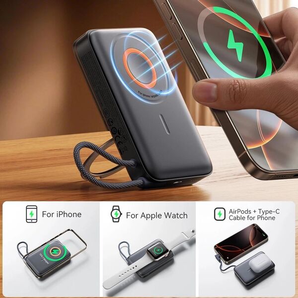 Powerbank Joyroom JR-PBM02 22,5W 10000mAh 3w1 indukcyjny magnetyczny kompatybilny z MagSafe z wbudowanym kablem - czarny