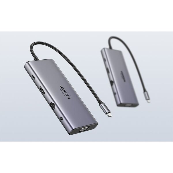 HUB UGREEN CM639 USB-C / HDMI 4K60 Hz, VGA, 2xUSB-C 3.2 10Gbps, 2xUSB-A, SD/TF, RJ45, AUX 3.5mm, USB-C 100W PD