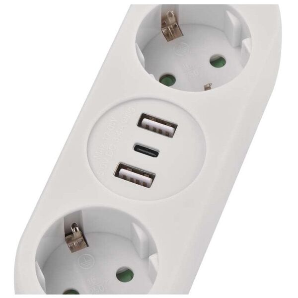 Ilgiklis 2 lizdu 1.4m, 2x USB + 1x USB-C (max galia 17W) 3x1.5 mm2 baltas EMOS