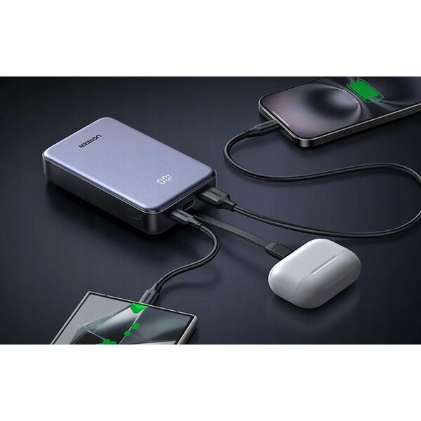 Powerbank UGREEN PB505 20000mAh USB-A, USB-C 20W + wbudowany kabel USB-C szary