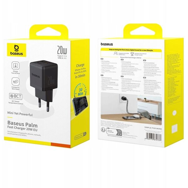 Ładowarka sieciowa Baseus Palm 20W USB-A, USB-C czarna