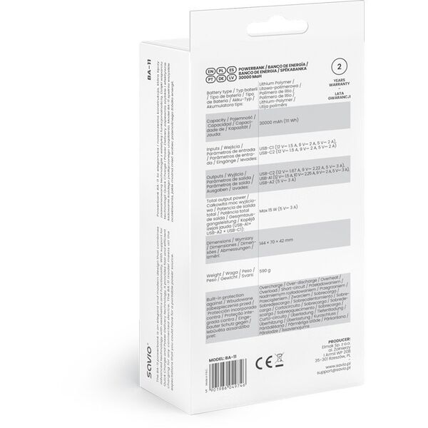 SAVIO BA-11 POWERBANK 30000 mAh, biały