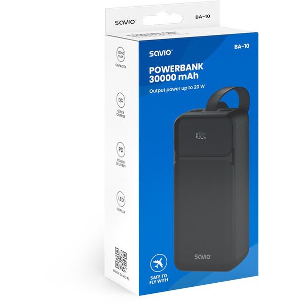 SAVIO BA-10 POWERBANK 30000 mAh, czarny