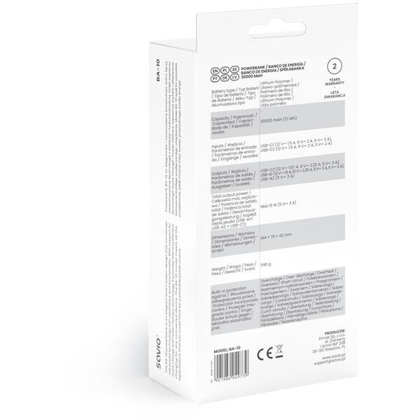 SAVIO BA-10 POWERBANK 30000 mAh, czarny