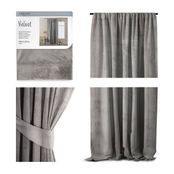 AmeliaHome Zasłona Velvet na taśmie Srebrny 140X270