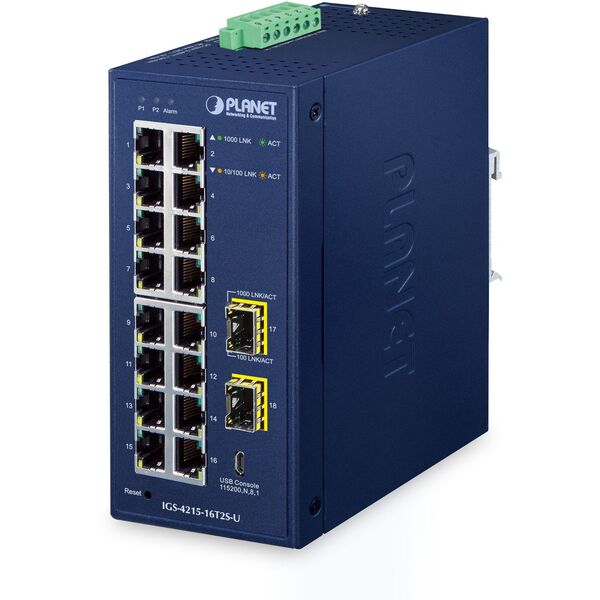 Planet IGS-4215-16T2S-U IP30 Industrial L2/L4 16-Port 10/100/1000T + 2-Port 100/1000X SFP Managed Switch