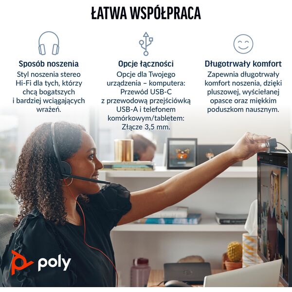 POLY Blackwire 3325 Stereo Microsoft Teams Certified USB-C Headset +3.5mm Plug +USB-C/A Adapter Przewodowa Opaska na głowę Biuro/centrum telefoniczne USB Type-C