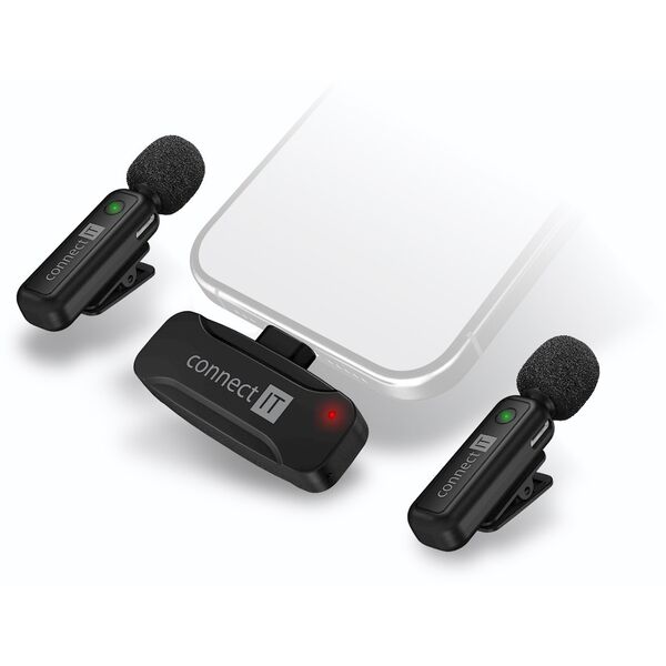 CONNECT IT Mikrofon ClipMic, 2x Bezdrátový Lavalier mikrofón s přijímačem, Lightning konektor, černá