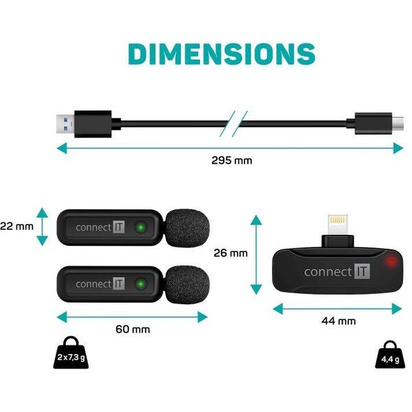 CONNECT IT Mikrofon ClipMic, 2x Bezdrátový Lavalier mikrofón s přijímačem, Lightning konektor, černá