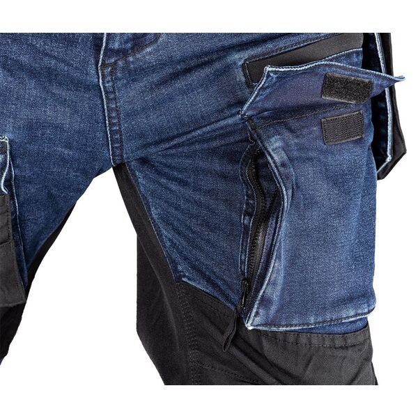 Spodnie robocze DENIM, wzmocnienia Cordura, odpinane kieszenie kaburowe, granatowe, rozmiar XS