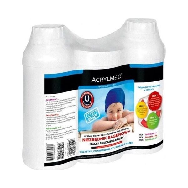 Acrylmed Zestaw Basenowy - Duży 3 x 1 l (Calcid pH Minus + Extra Chlor + Aqua Biocyd G-1)