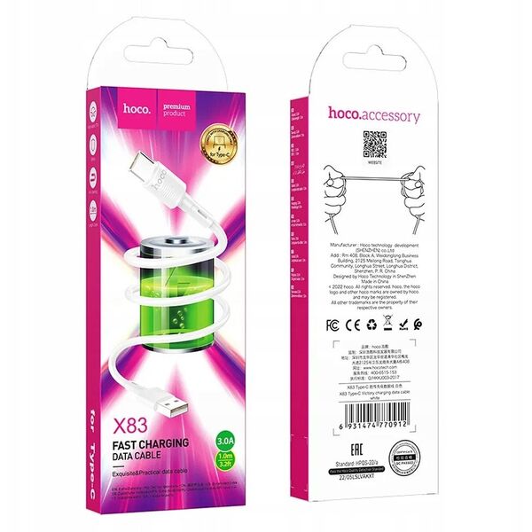 Kabel USB A do USB C Hoco 3A 1 m X83 biały