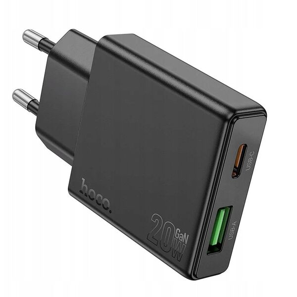 Ładowarka sieciowa do telefonu Hoco Slim USB A + USB C QC3.0 PD 3A 20W N38 czarna