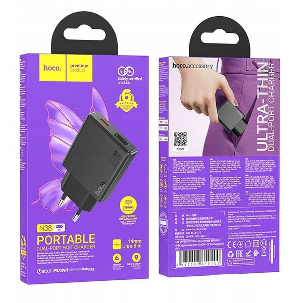 Ładowarka sieciowa do telefonu Hoco Slim USB A + USB C QC3.0 PD 3A 20W N38 czarna