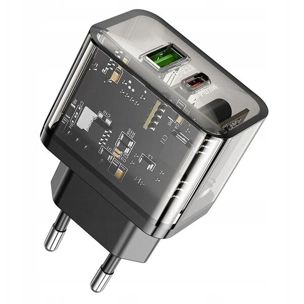 Ładowarka sieciowa do telefonu Hoco USB A + USB C QC3.0 PD 3A 20W N34 transparentna