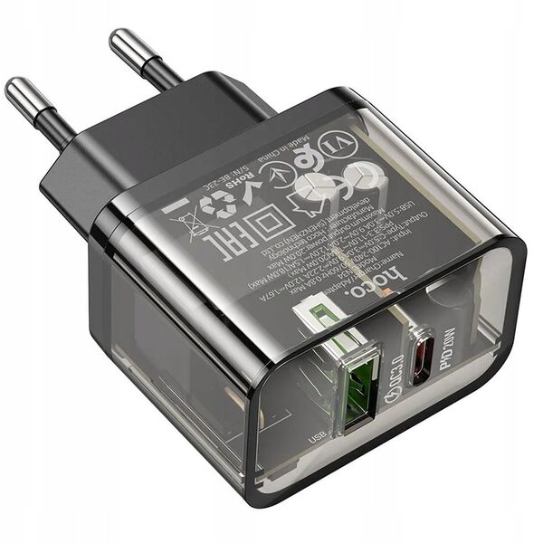 Ładowarka sieciowa do telefonu Hoco USB A + USB C QC3.0 PD 3A 20W N34 transparentna