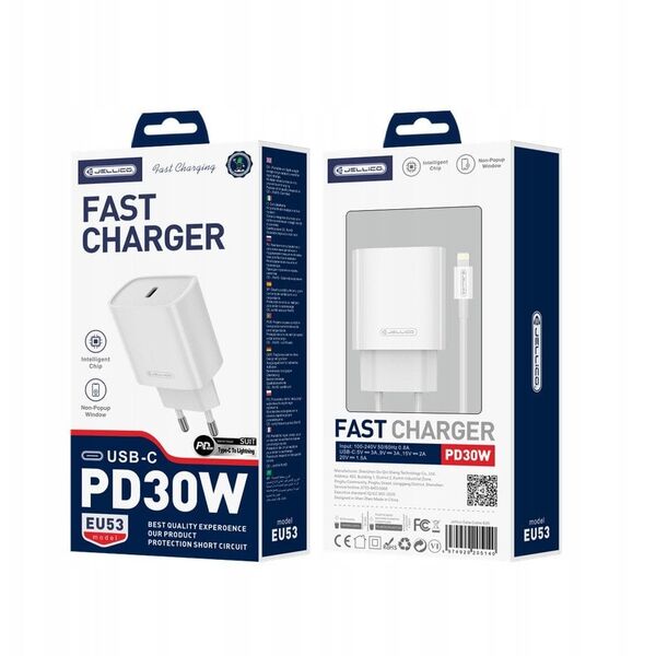 JELLICO ładowarka sieciowa EU53 PD 30W 1xUSB-C + kabel USB-C - USB-C Biały