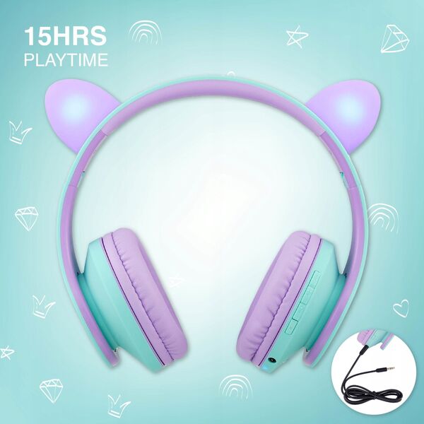 PowerLocus P2 Kids Headphones purple/turquoise with Ears
