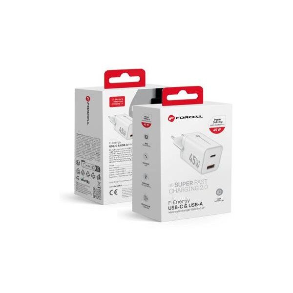 Ładowarka sieciowa do telefonu Forcell F-Energy Mini GaN III USB C + USB A PD QC4.0 45W VT-36 biała