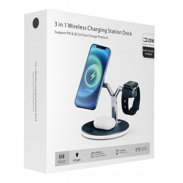 Ładowarka indukcyjna Qi 3w1 25W X970 kompatybilny z MagSafe czarna.