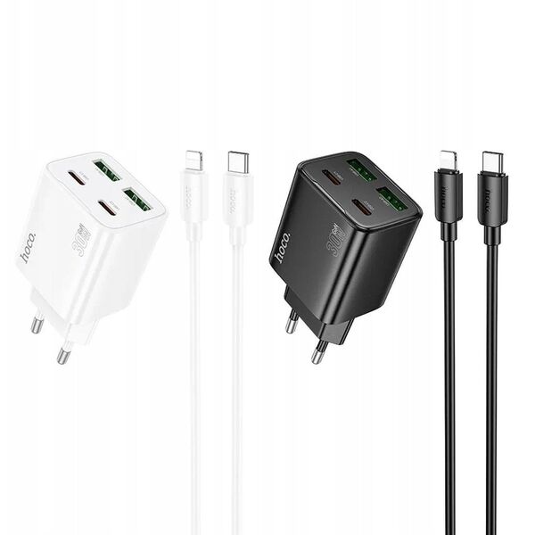 Ładowarka sieciowa do telefonu Hoco 2 x USB C + 2 x USB A QC3.0 PD 3A 30W + kabel USB C do Lightning N56 biała