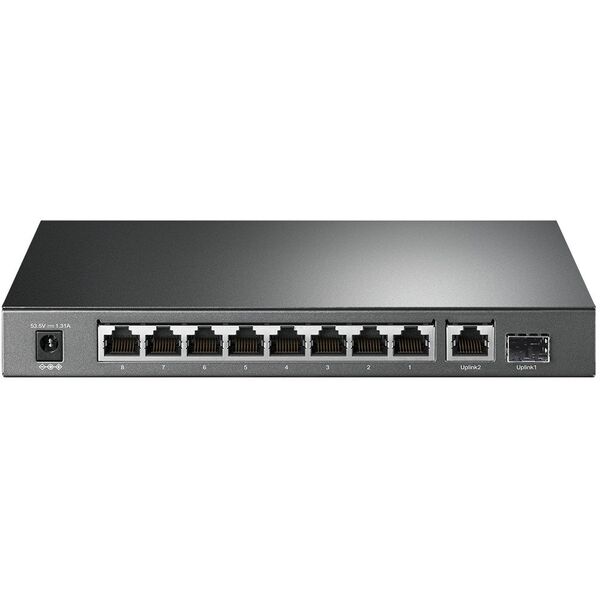 TP-LINK 10 prievadų Gigabit PoE+ jungiklis 8 Gigabit PoE+ prievadai, 1 Gigabit RJ45 prievadai ir 1 Gigabit SFP lizdai 802.3at/af 63W PoE galia
